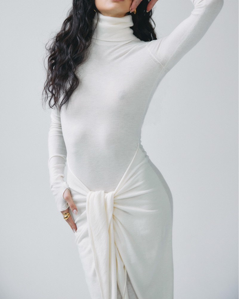 fitted lace wedding dress Nana Gotti White Turtleneck Lace Maxi Dress