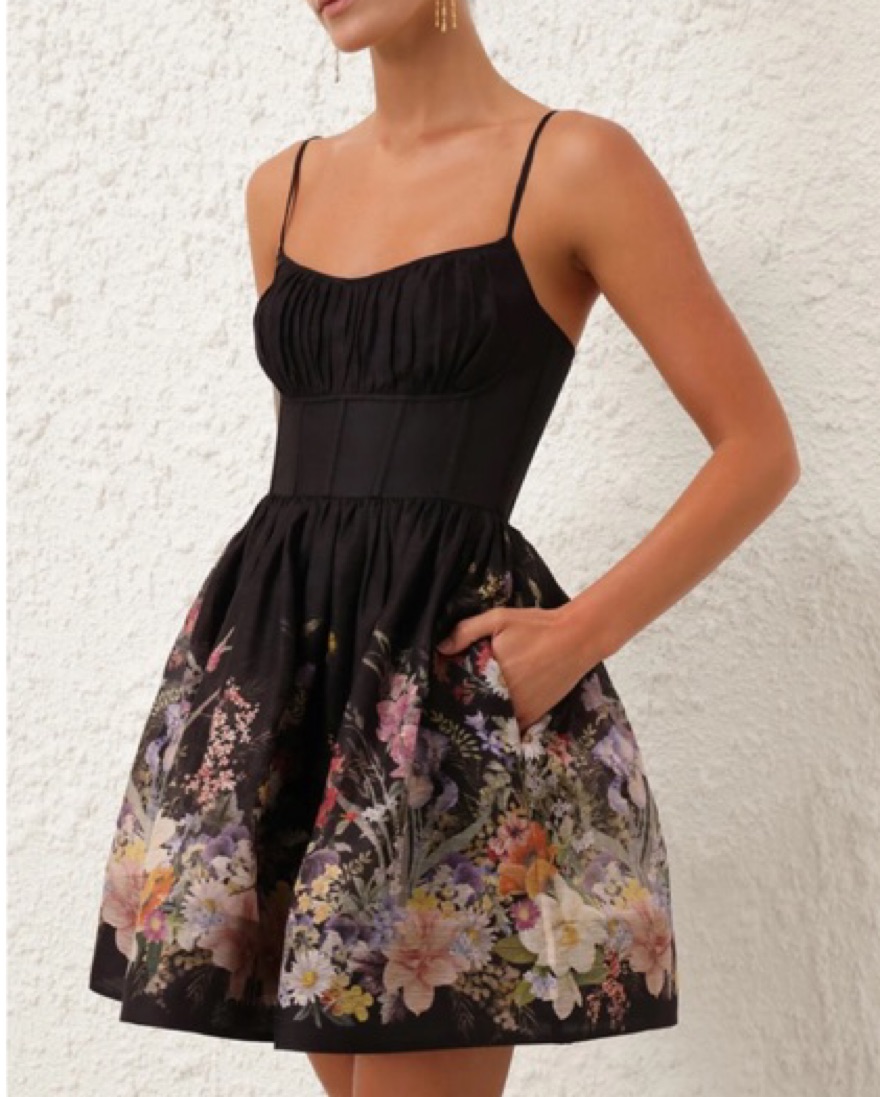 knee length dresses for ladies Zimmermann Natura Ruched Mini Dress in Black Wild Flowers main image 0