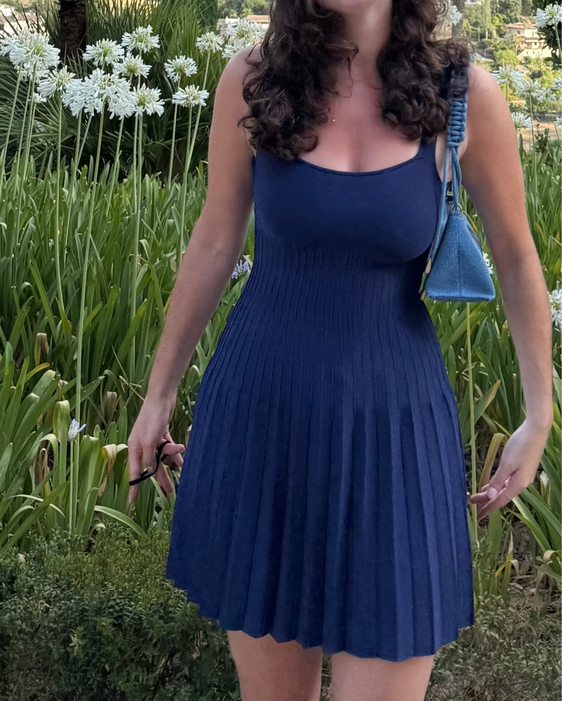 knee length dresses for ladies Wells Blue Toile Paneled Mini Dress