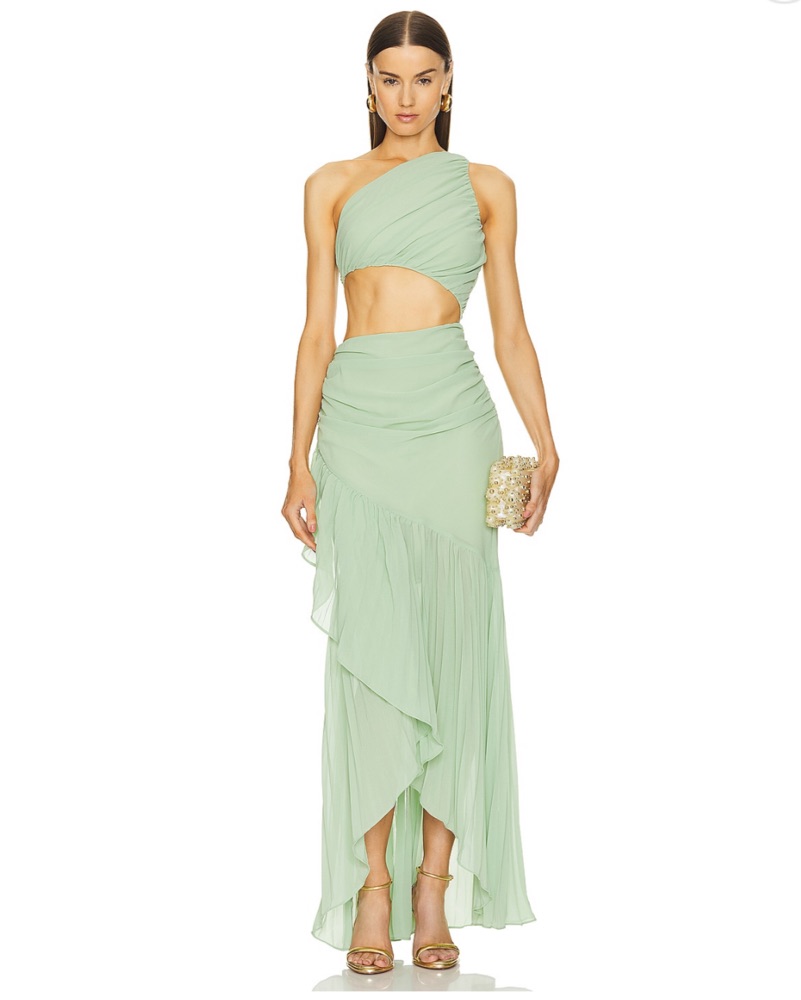 green emerald velvet dress Hardware Detail One-Shoulder Maxi Dress in Olive Green - 14