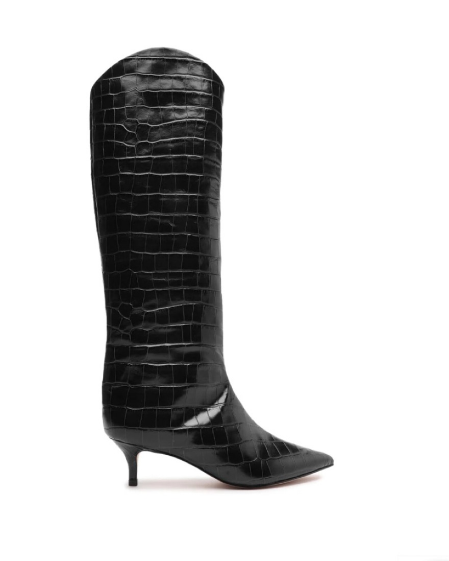 Black Croc Heeled Boots - Image 1