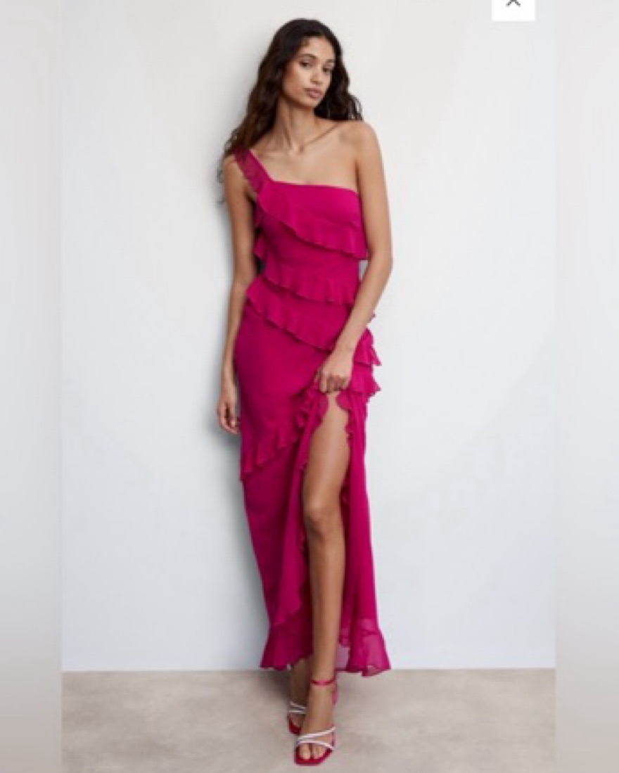mango ruffle flowy dress Rose Print See-Through Maxi Dress, Blue / M