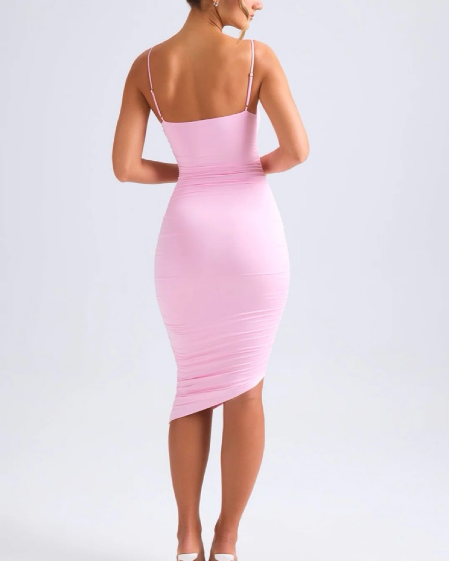 Anasia Light Pink Ruched Midi Dress by Oh Polly