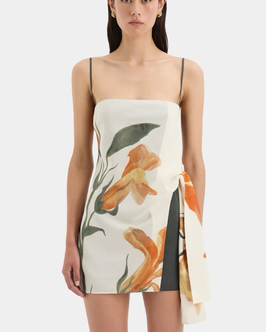 knee length dresses for ladies Hire Sir the Label Talulah Knot Mini Dress Sanderling Floral Size 8,10,12 –  lonedresshire main image 0