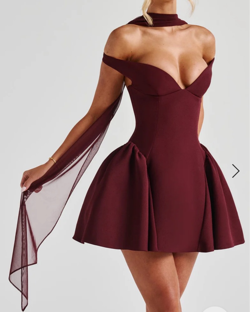 Deep Red Mini Dress With Scarf by Babyboo - Pickle