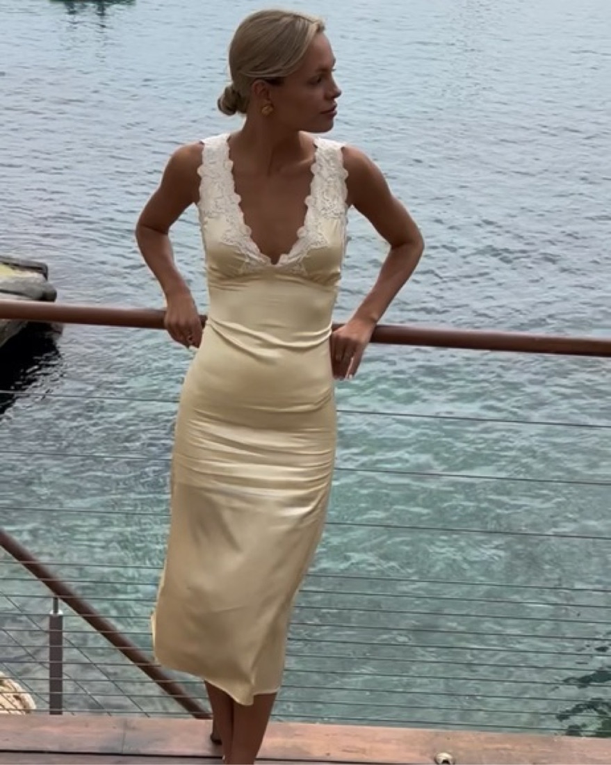 knee length dresses for ladies Adrienne' Butter Yellow Fuller Bust Satin Midi Dress main image 0