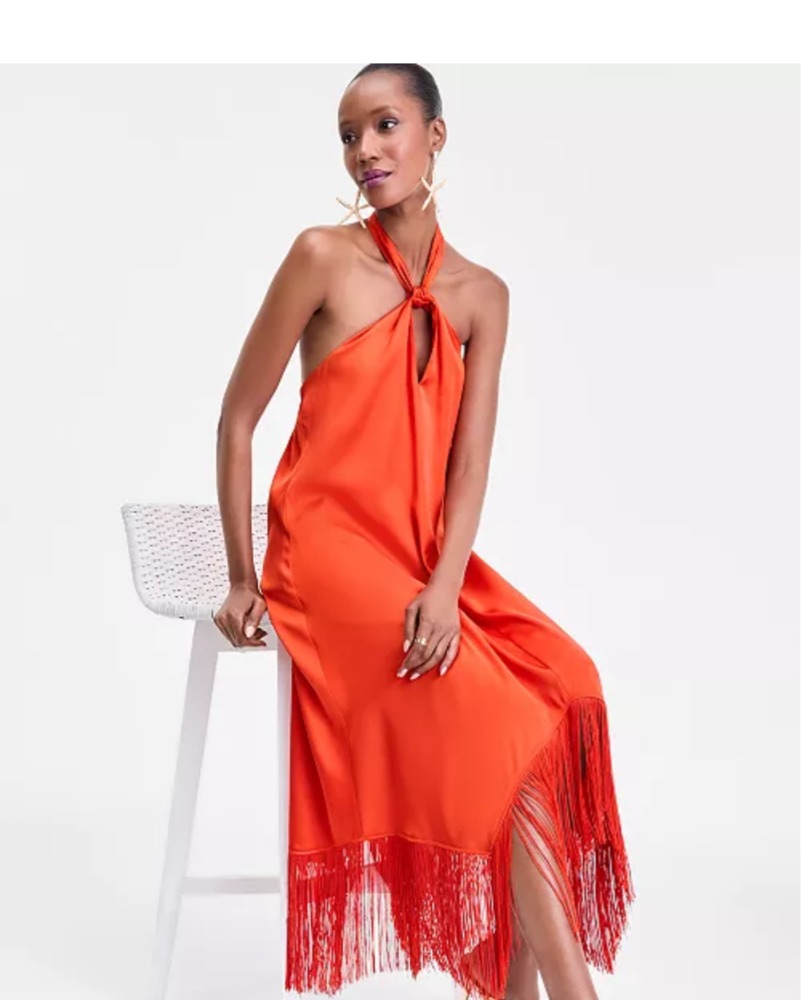 slim fit dress slacks Halterneck Fringe Velvet Midi Dress – IULOVER main image 1