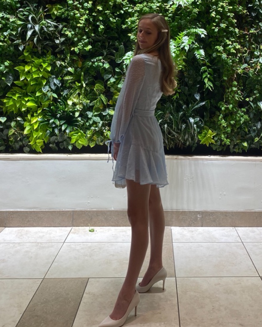 Blue Ruffled Formal Mini Wrap Dress - Image 4