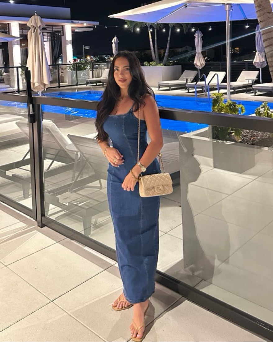 Denim Maxi Dress with Back Slit by Bershka - Pickle