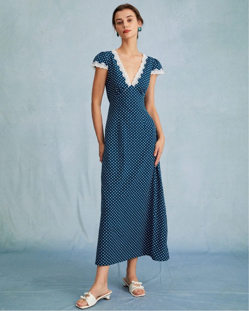 knee length dresses for ladies Ivory Polka Dot Lace Satin Slip Dress main image 0