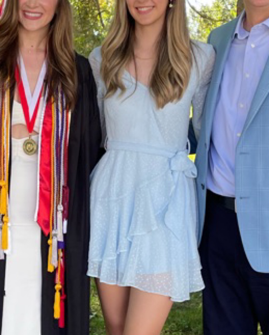 Blue Ruffled Formal Mini Wrap Dress - Image 3