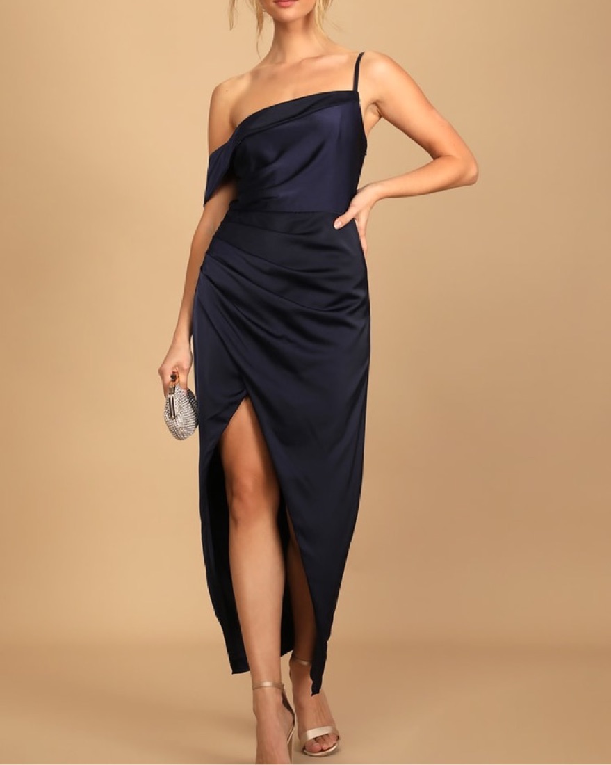 Navy Blue Asymmetrical Tulip Midi Dress by Lulus - Pickle