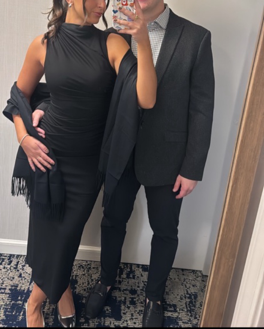 plus size dresses formal near me Final Sale Plus Size Long Sleeve Faux Wrap Evening Gown in Confetti Dot Knit Sequin in Black main image 0