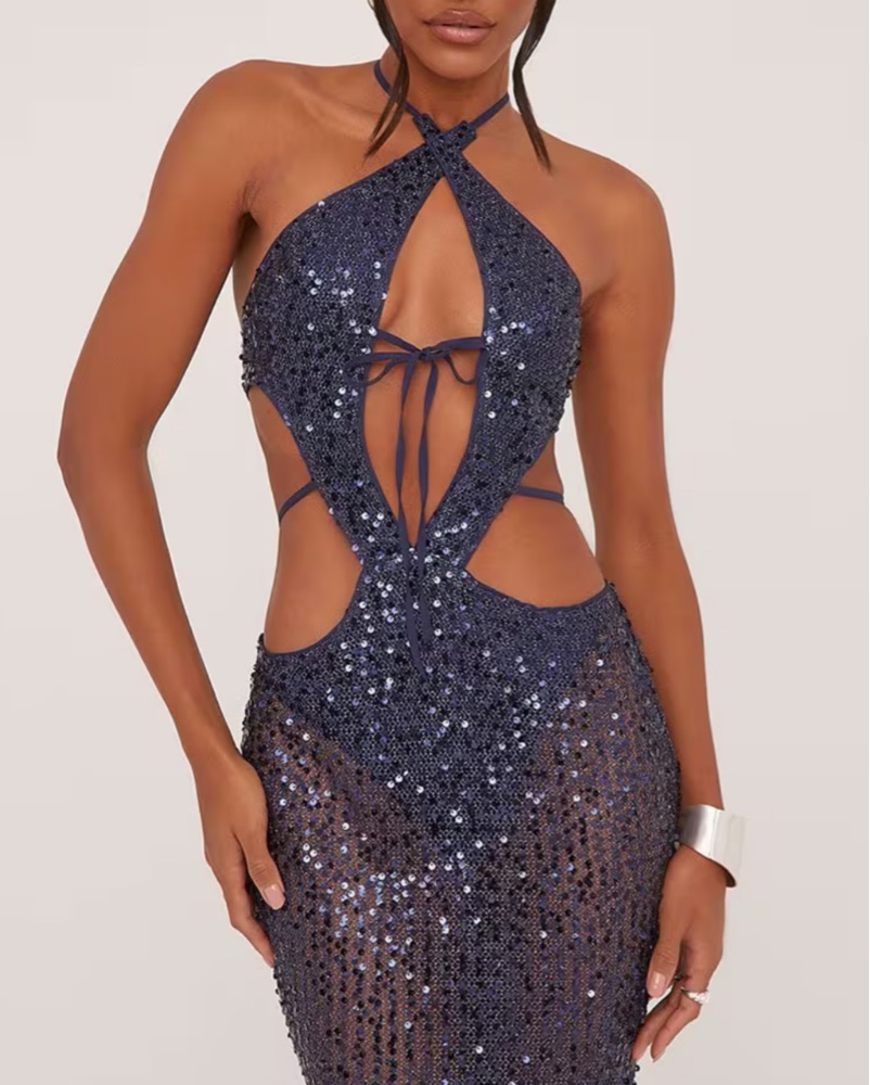 slim fit dress slacks Plus Size Long Sequin Halter Dress main image 1