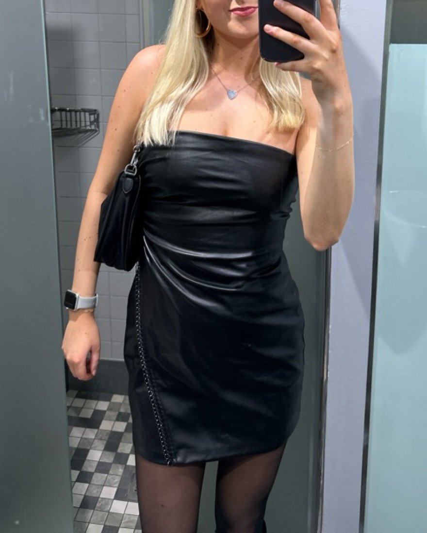 slim fit dress slacks Avenue No.29 - Black Eco Leather Asymmetrical Mini Dress with Ruffle