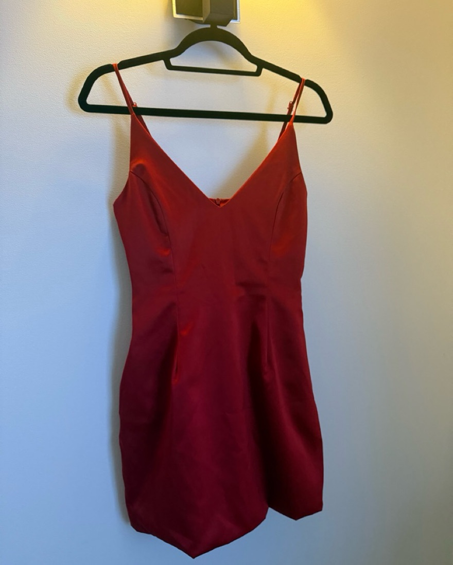 Striking Red Satin Mini Dress - Image 2