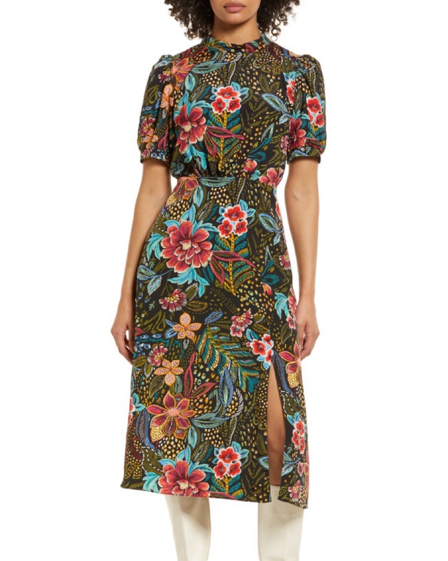 Julia Jordan Floral Print Tie Neck Midi by Julia Jordan - Pickle