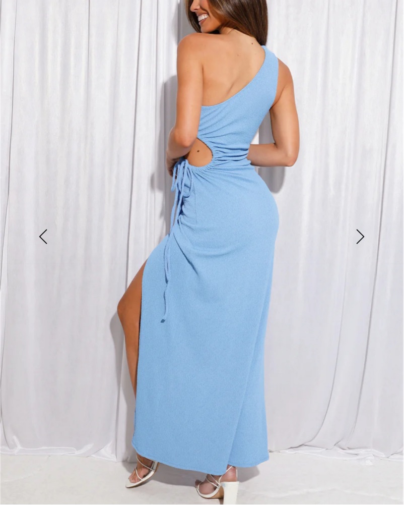 One-Shoulder Ruched Slit Maxi Dress by Hello Molly - Pickle