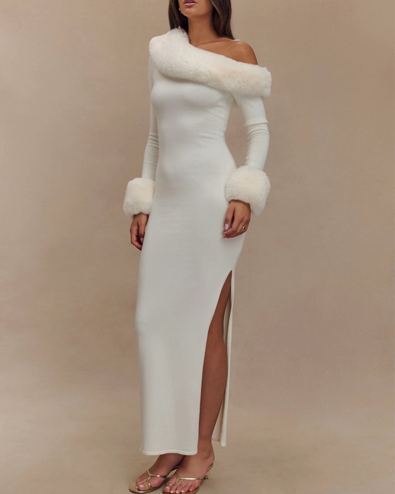 Karleigh Faux Fur Knit Maxi Dress by Meshki - Pickle