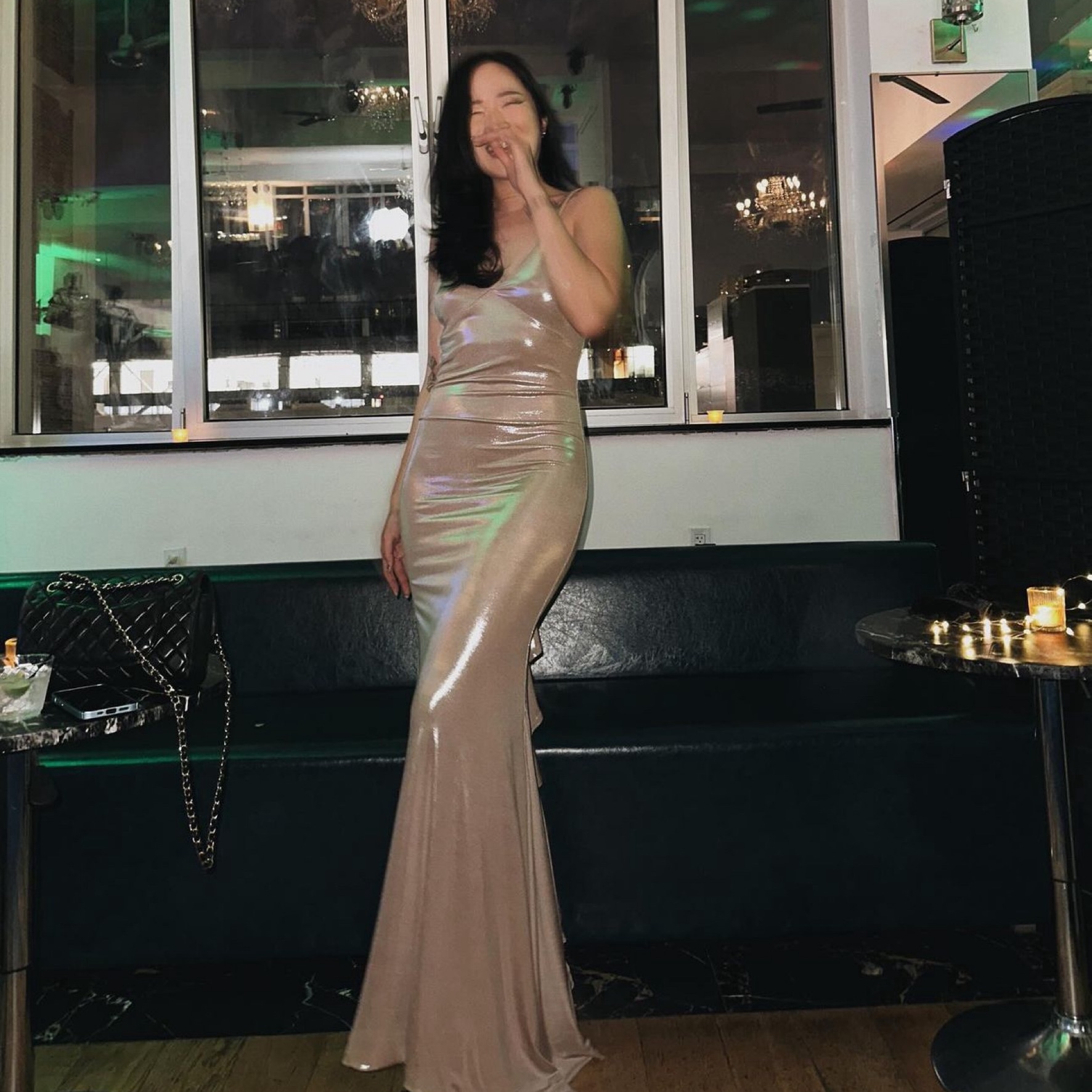 chinese dress ladies Amelita Lemon Satin Cowl-Neck Maxi Dress – Club L London main image 1
