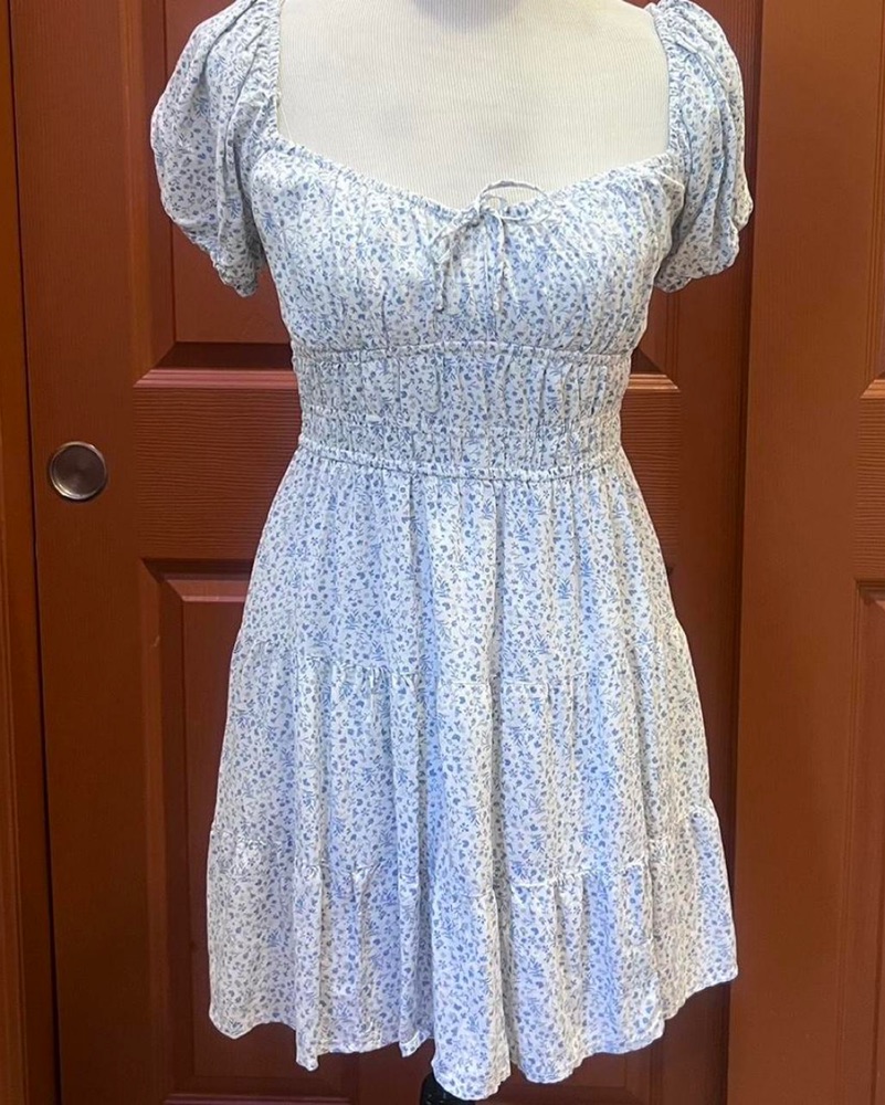 strapless mini dress blue MissJophiel Halter Corset Blue White Print Tulle Dress with Handmade Flower Other / Above Knee / US12 main image 0