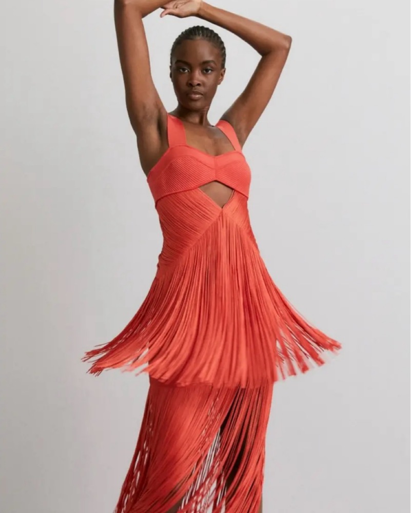 Herve Leger Fringe Cut Out Gown by Herve Leger - Pickle