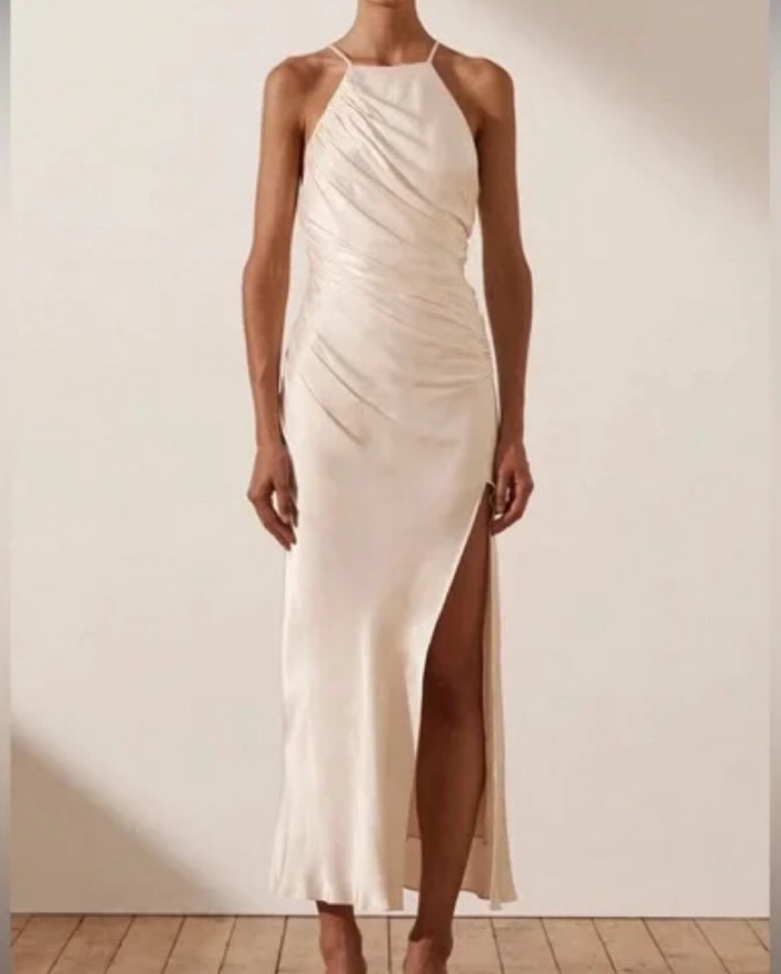 knee length dresses for ladies Shona Joy Charlotte High Neck Midi Dress in Khaki – Coco & Lola