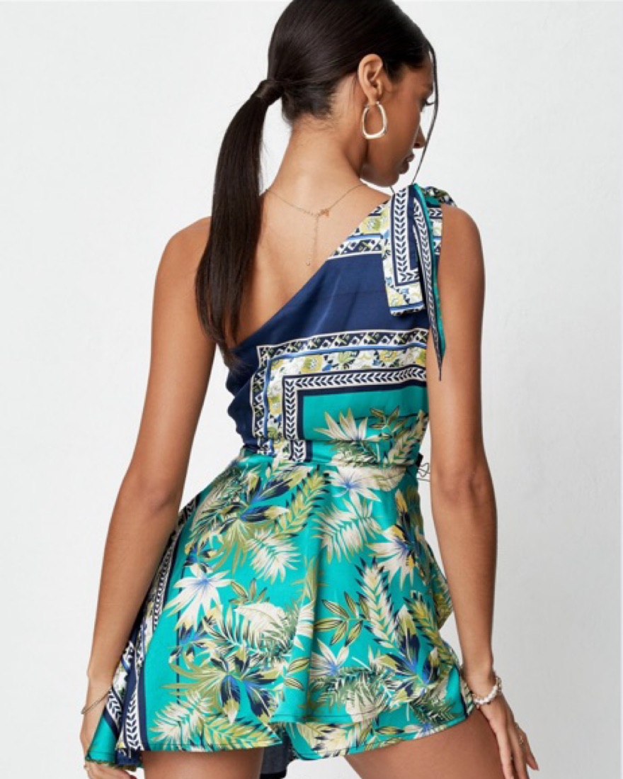 Blue Mix Print One Shoulder Romper - Image 2
