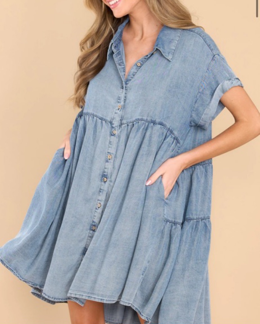 Light Wash Chambray Dress | Red Dress - Image 2
