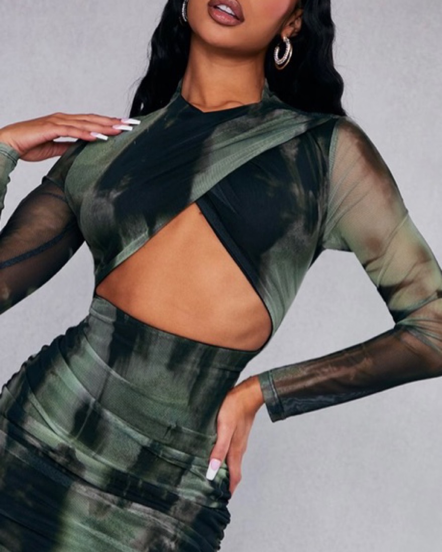 Green Abstract Midaxi Cutout Dress - Image 4