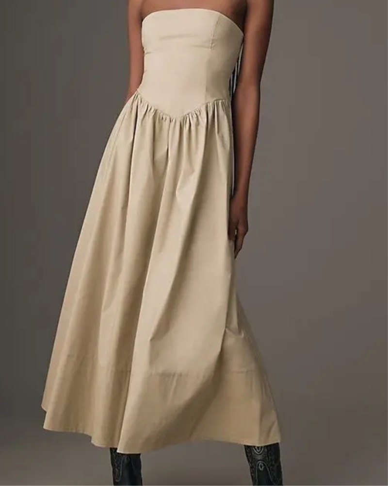beige strapless midi dress Beige Strapless 3D Floral Embellished Dress main image 0