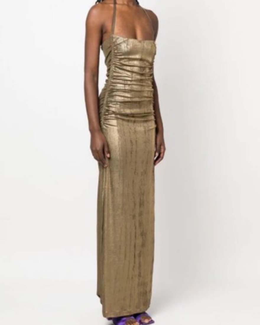 green emerald velvet dress Diesel Logo Ruched Bodycon Shimmer Maxi Dress Brown