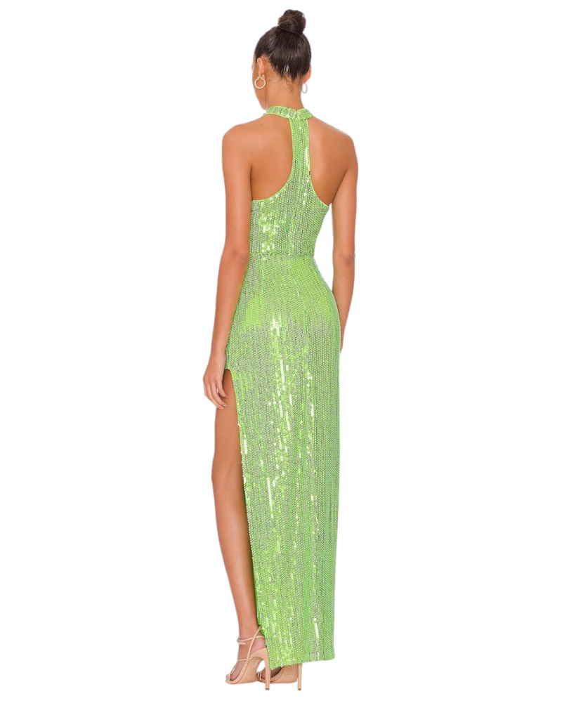 green emerald velvet dress Elena Long-Sleeve Pattern Sequin Gown