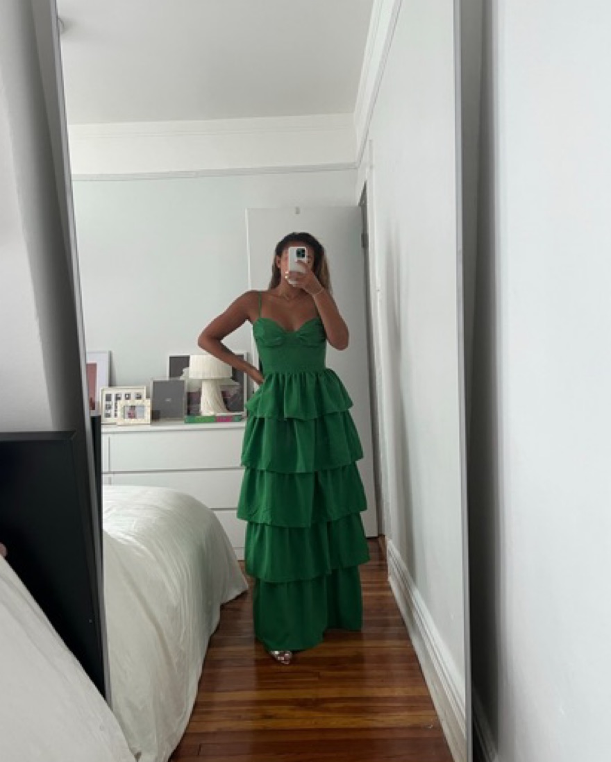 slim fit dress slacks Mac Duggal - Green Short Sleeve Micro Ruffle Midi Dress