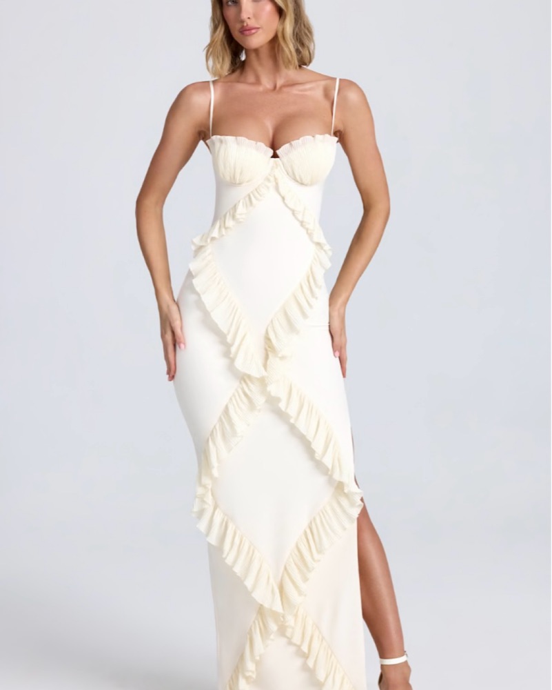 knee length dresses for ladies Dole Embellished Asymmetric Maxi Dress in White