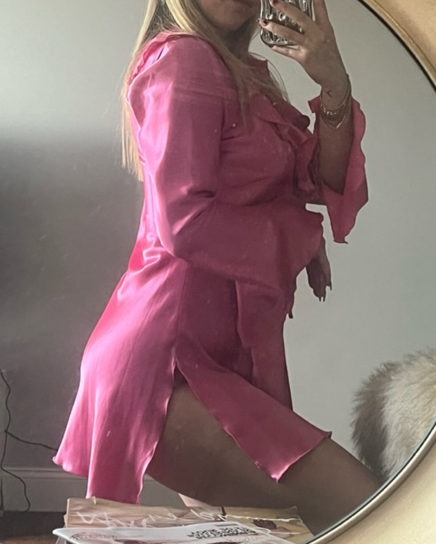 Vibrant Satin Ruffle Mini Dress by Fredricks Of Hollywood - Pickle