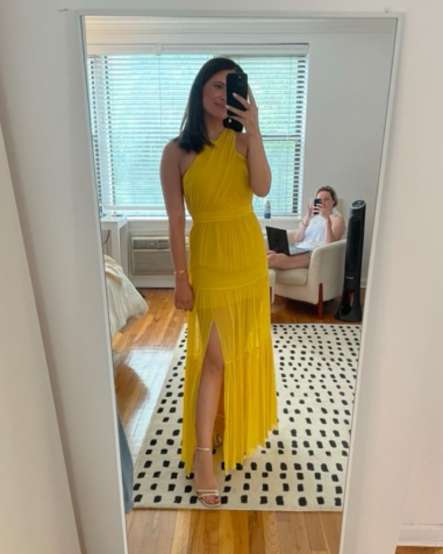 veronica beard yellow beaded dress Veronica Beard Grycen One-Shoulder Midi Dress | Gold Ochre