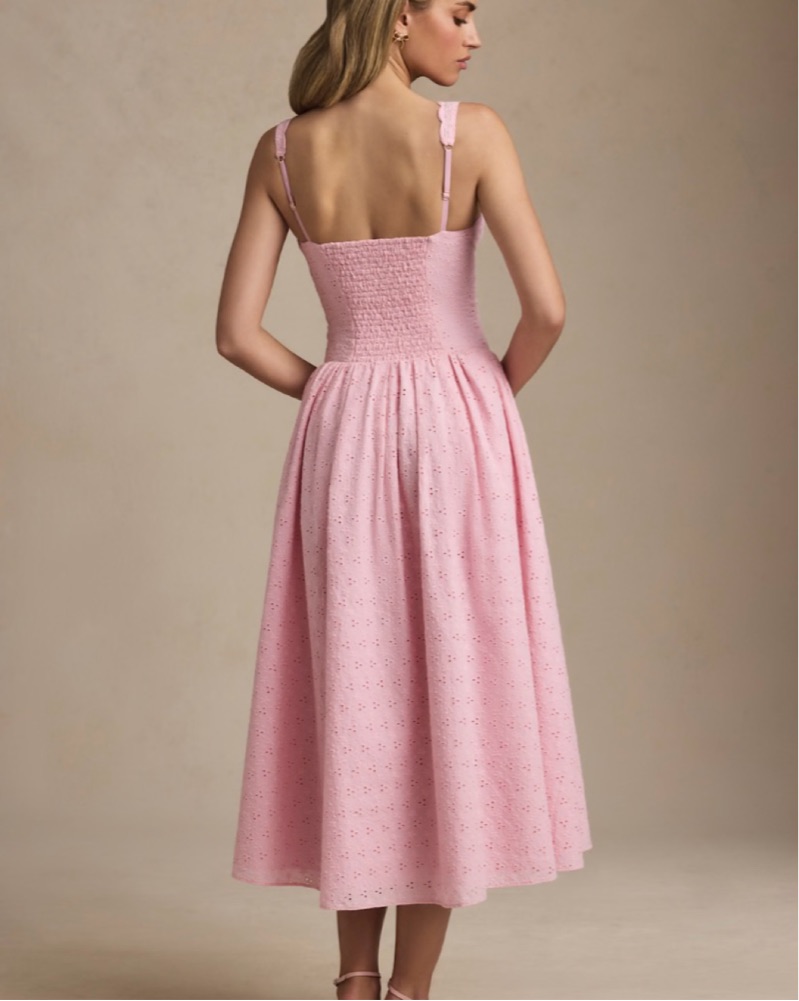 open lace back dress Averie Sheer Embellished Square-Neck Mini Dress in Pink main image 0
