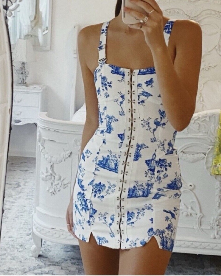 blue and white for love and lemons dress For Love & Lemons Paloma Midi Slip Dress Blue – blueandcream