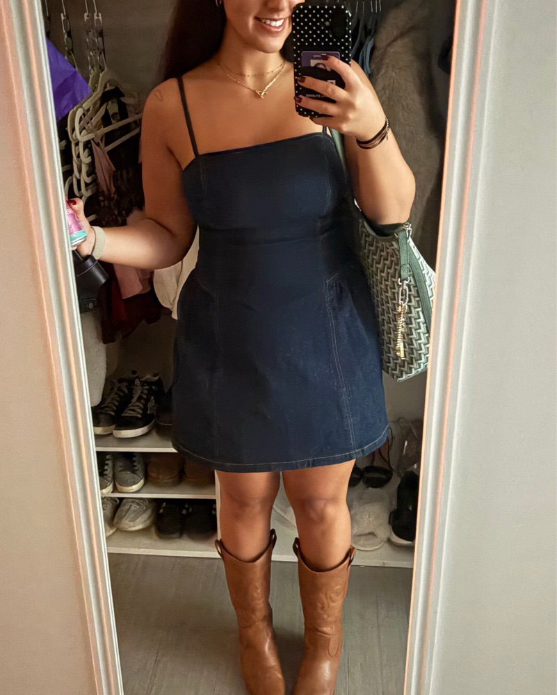 Dipped-Waist Denim Crossback Mini Dress by Abercrombie & Fitch - Pickle
