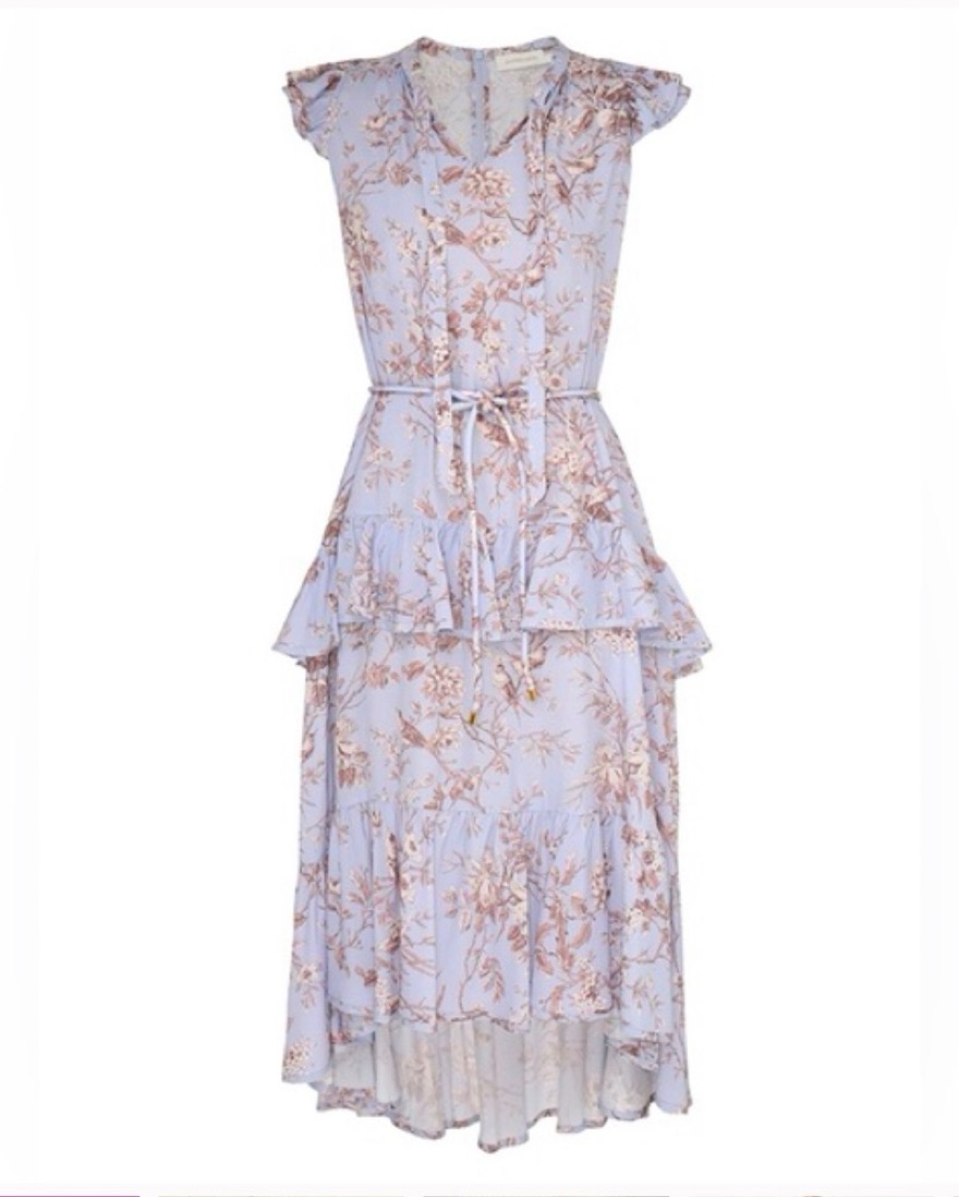 knee length dresses for ladies Zimmermann High Tide Frilled Midi Aqua Ikat Floral main image 1