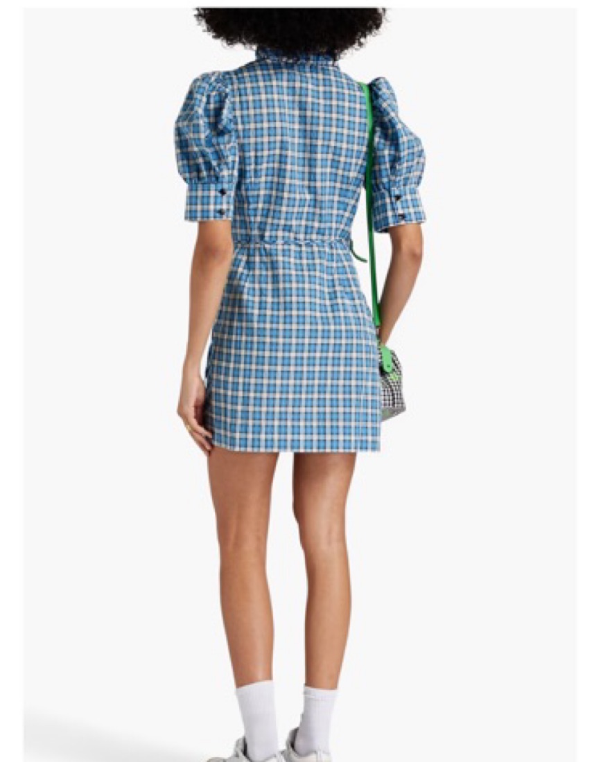 knee length dresses for ladies GANNI Puff Sleeve Mini Dress Beige Seersucker Check Size 32  Celebrity  Owned