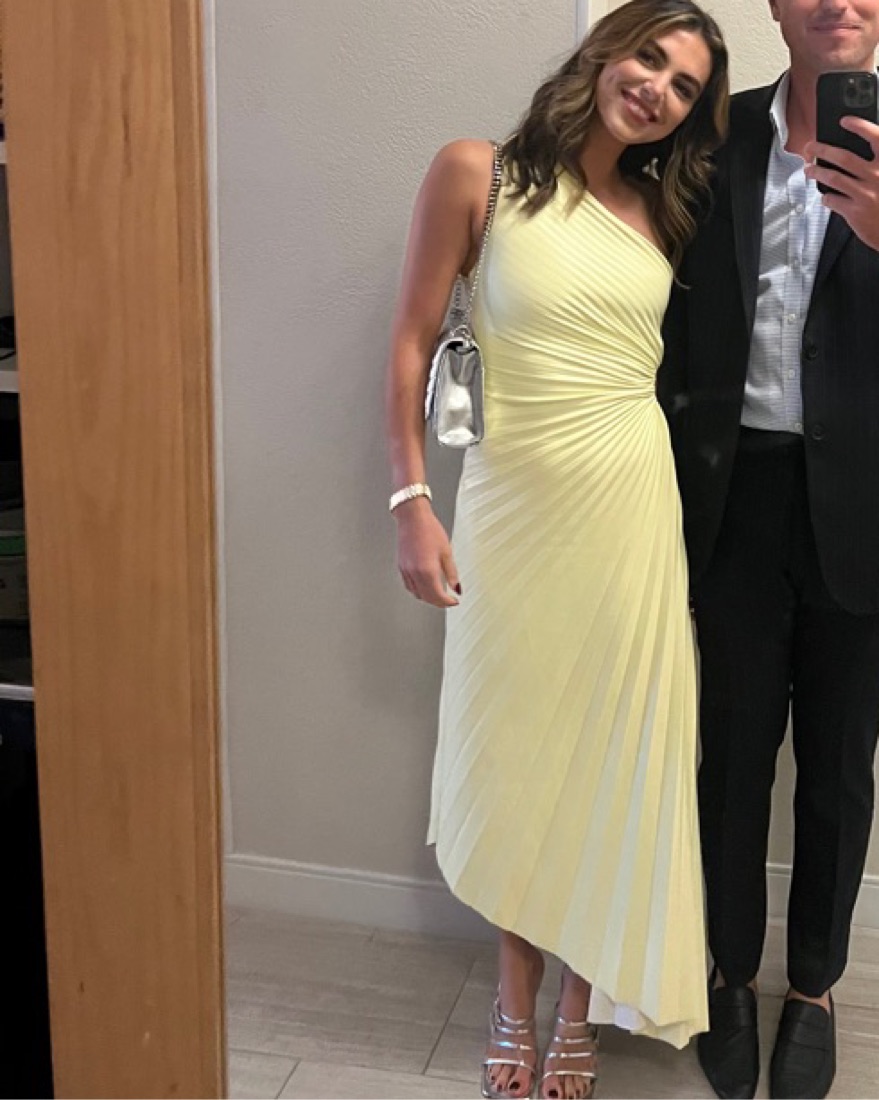 strapless open back dress ALC Reagan satin pleated midi dress – For Reference Store