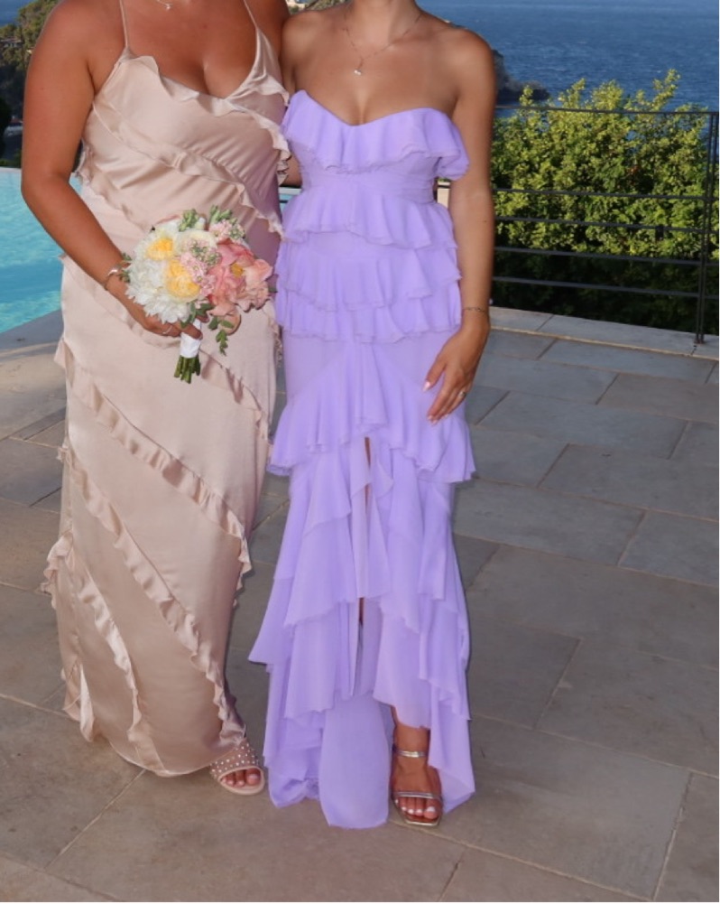 open lace back dress Harlow Blue & Purple Floral Ruffle Midi Dress
