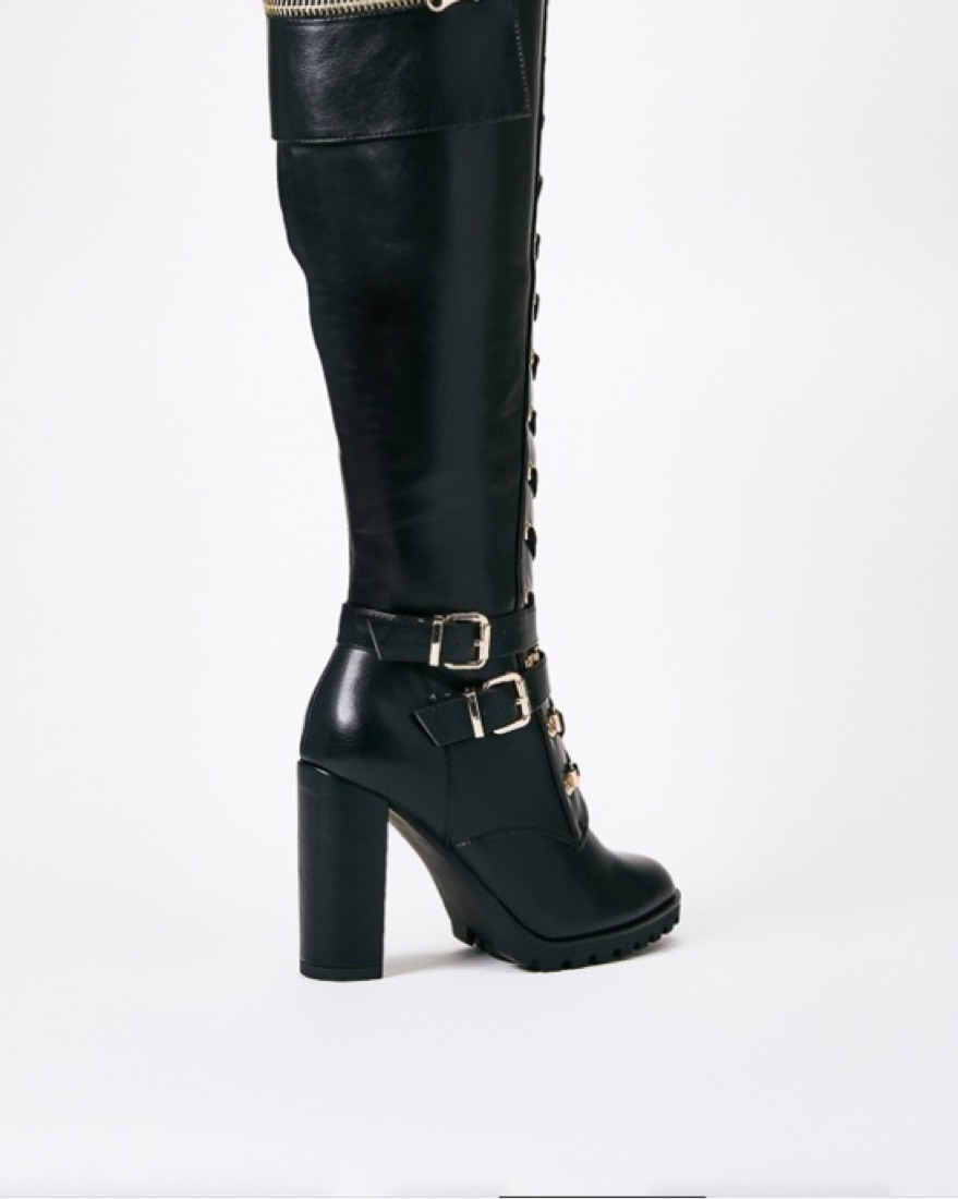 Black Leather High Block Heel Boots - Image 5