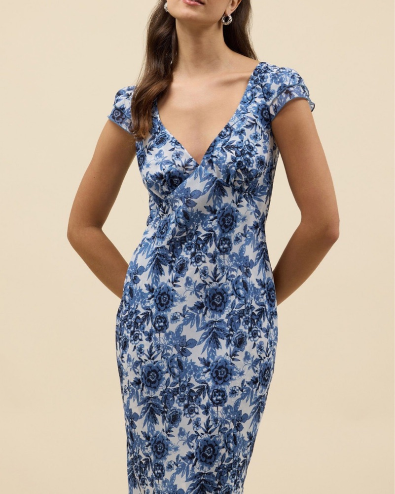 princess polly baby blue dress Floral Flourish V-Neck Puff Sleeve Dress in Navy