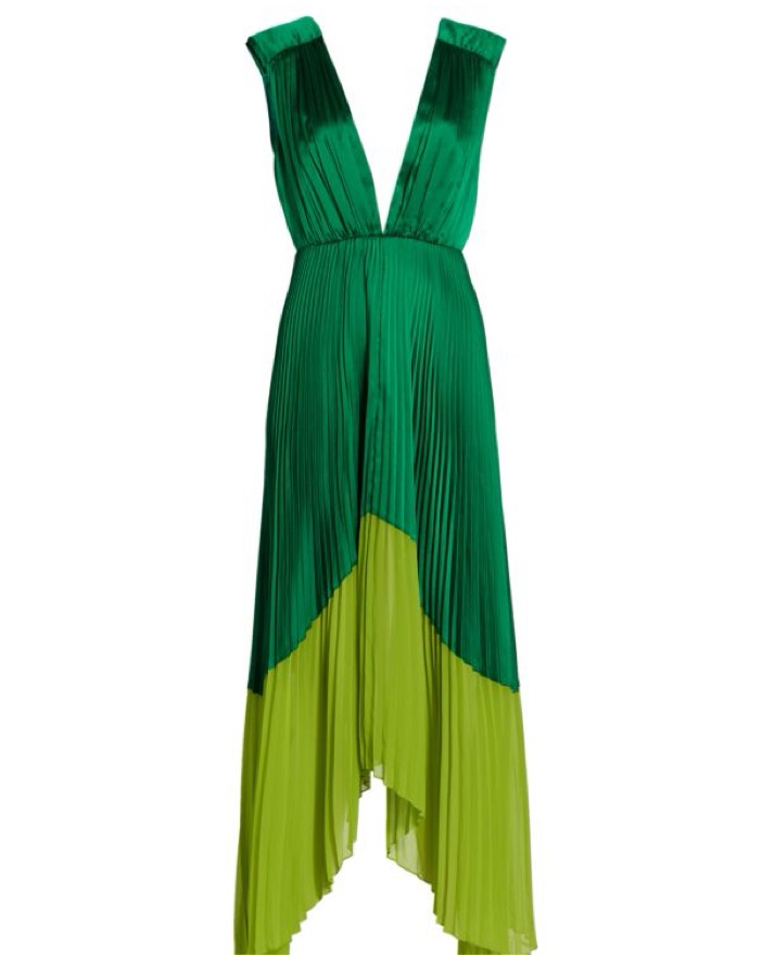 Amur Pleated Green Silk V Neck Dress by Amur - Pickle