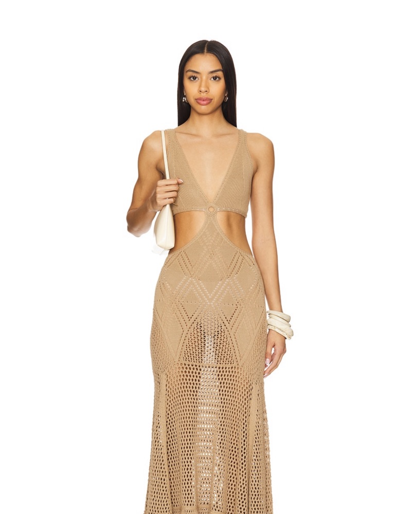 knee length dresses for ladies Wide Eyed Girl Long Crochet Coverup Maxi Dress in Gold Metallic