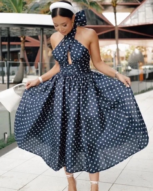 slim fit dress slacks Polka Dot Cross Over Halter Fit & Flare Midi Dress White/Black / Small main image 0