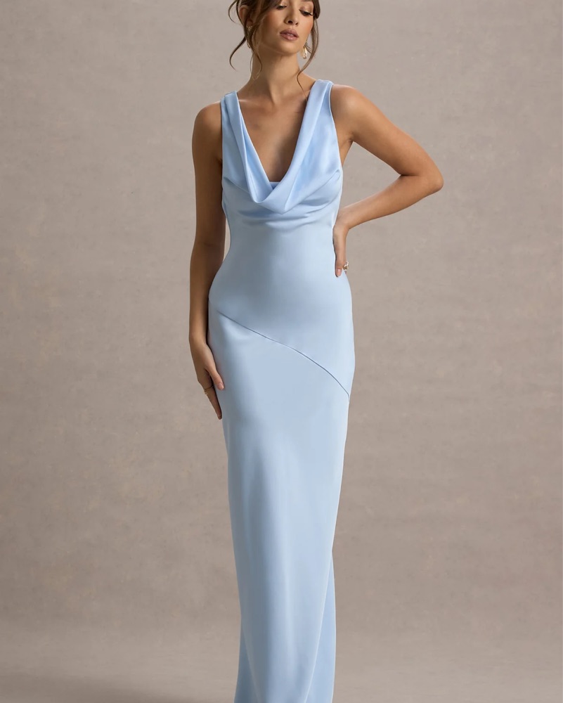 white christmas dresses Maelia | Black Satin Cowl-Neck Maxi Dress with Diamante Straps main image 1